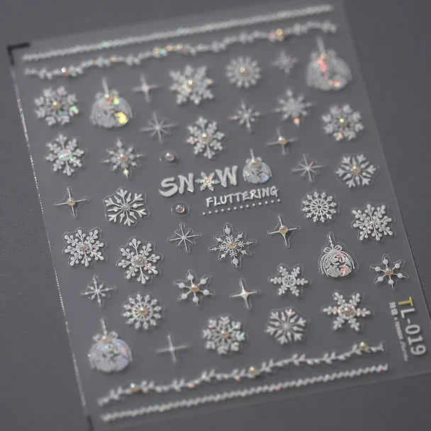 Winter Dreamy Hot Stamping Romantic White Pink Snowflakes Hexagon 3D Self Adhesive Nail Art Stickers Christmas Manicure Decals (ONLINE ORDER ONLY)