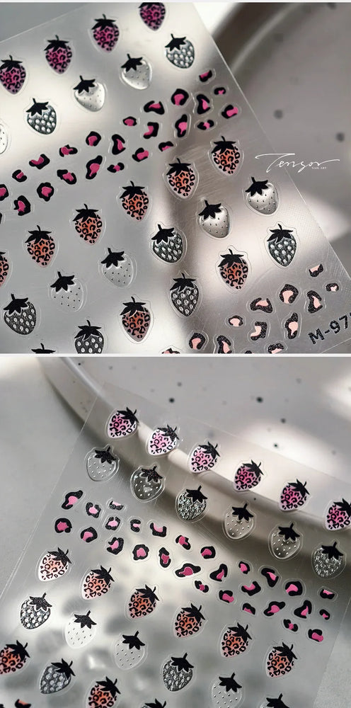 Pink Transparent Strawberry Leopard Print Metal Silver Fruit Lovely Self Adhesive Nail Art Stickers 5D Manicure Decals Wholesale (ONLINE ORDER ONLY)