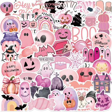 10/50pcs Cute Pink Halloween Ghost Skull Pumpkin Stickers Aesthetic Decals Waterproof Decorative Phone Luggage Car Wall Sticker (Online Order Only)