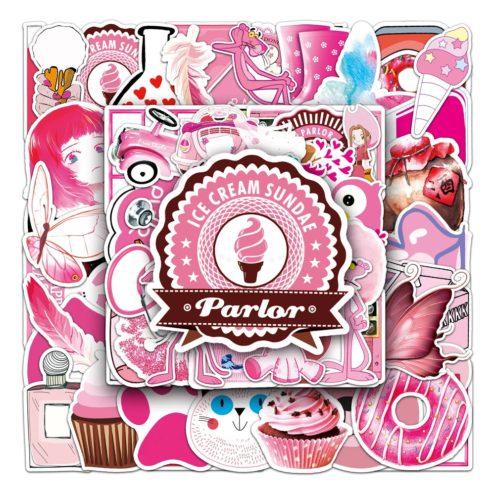 50Pcs Pink Cartoon Waterproof Vinyl Stickers for Skateboard Snowboard Decal (Online Order Only)