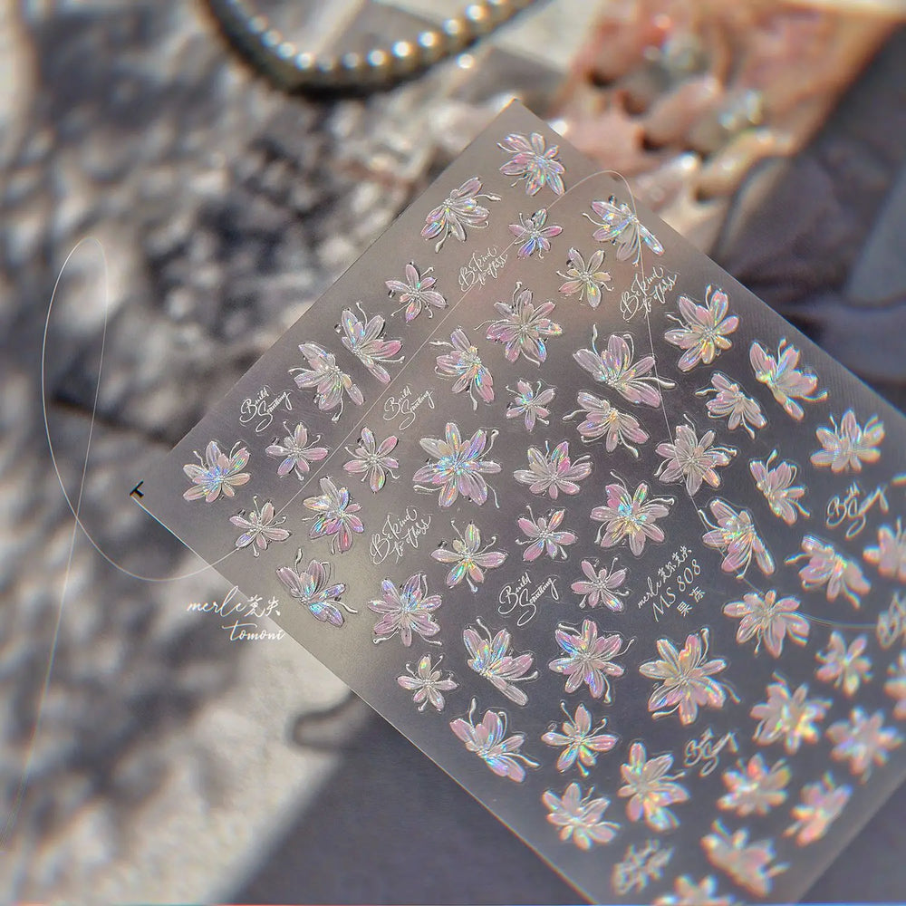 White Pink Flower Dreamy Romantic Petal Jelly Shiny Peach Blossom Polarized Light Delicate Nail Art Stickers 5D Manicure Decals (ONLINE ORDER ONLY)