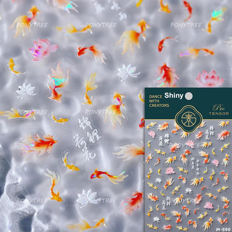 Pink Lotus Flower Red Gold Koi Carp Fish Tail Fancy Carp Self Adhesive Nail Art Decorations Stickers Manicure Decals Wholesale (ONLINE ORDER ONLY)