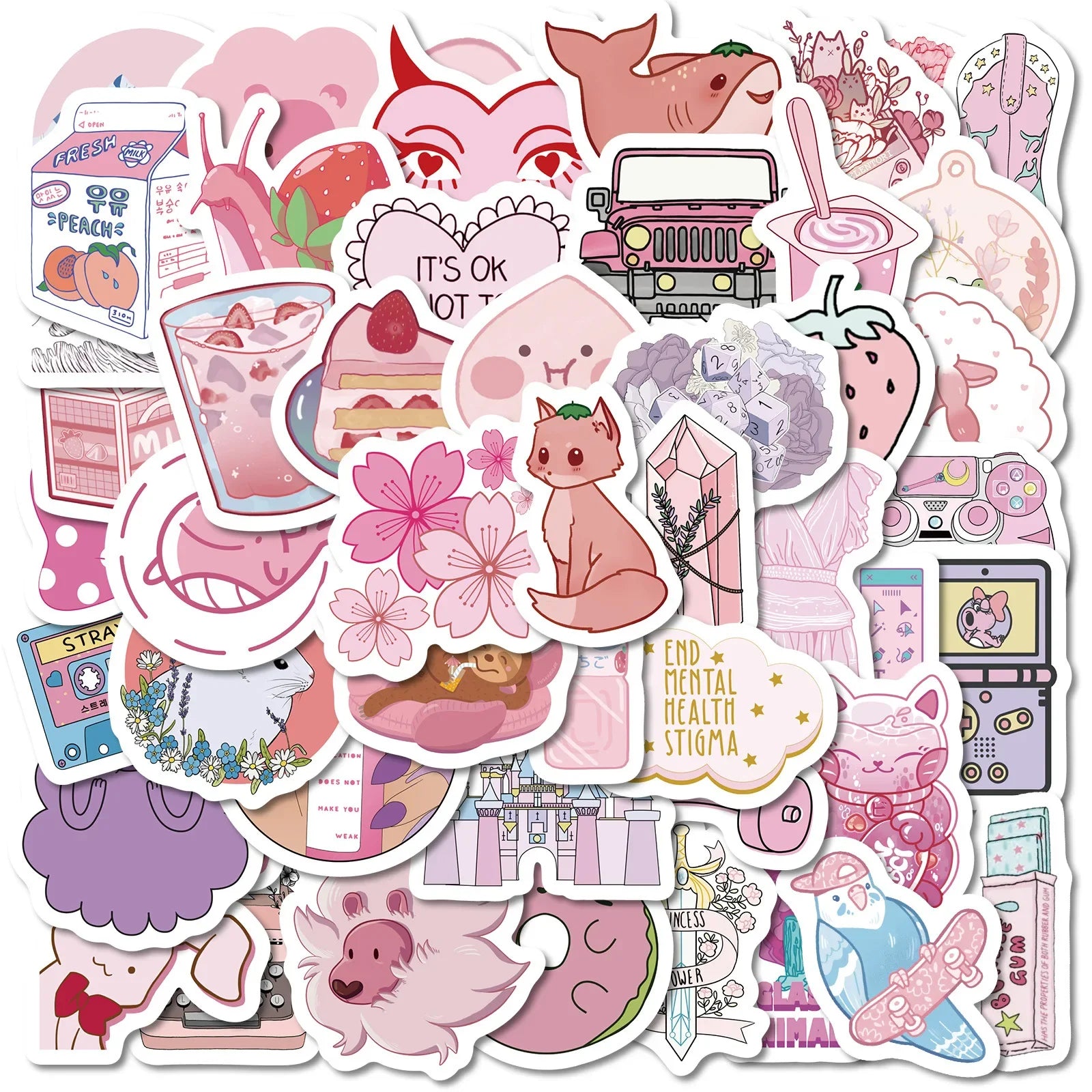 50Pcs Cute Pink Cartoon Stickers for Helmet, Wall, DIY Decoration (Online Order Only)
