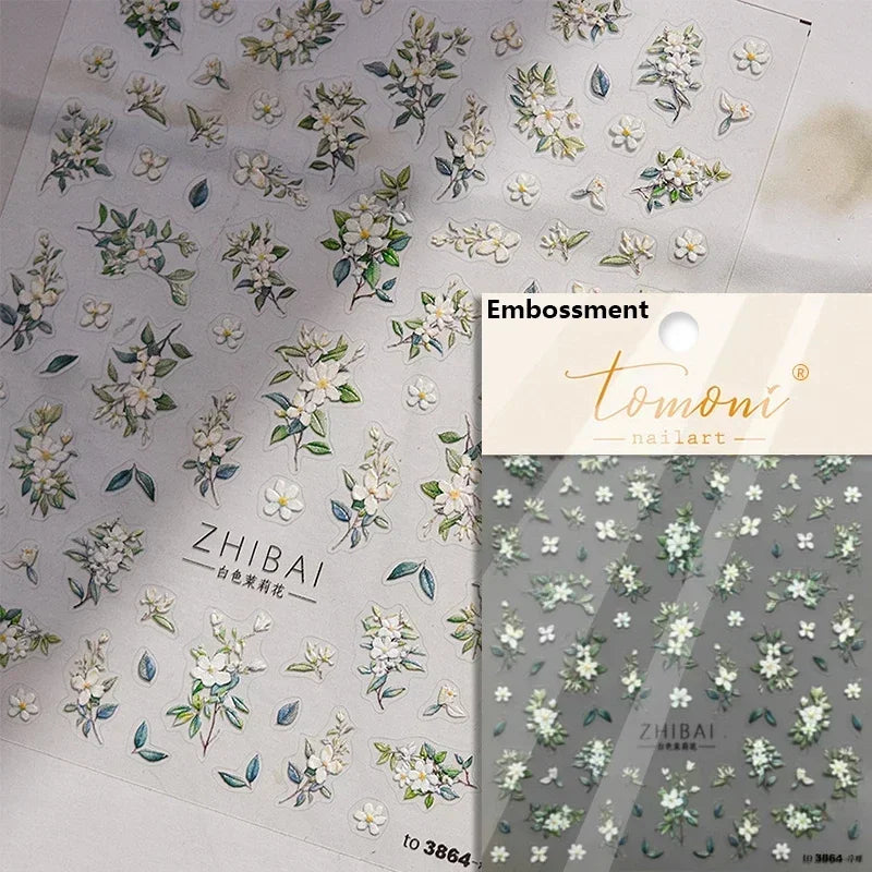Gradient Coloredful Flower Petal Green Leaf Dreamy Shiny Chinese Rose Fantasy Relief Adhesive Nail Art Stickers Manicure Decals (Online Order Only)
