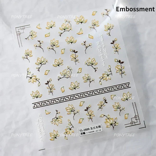 Translucent White White Pink Magnolia Rose Flower Floral Soft Embossed Relief Adhesive Nail Art Stickers Chic 3D Manicure Decals (ONLINE ORDER ONLY)