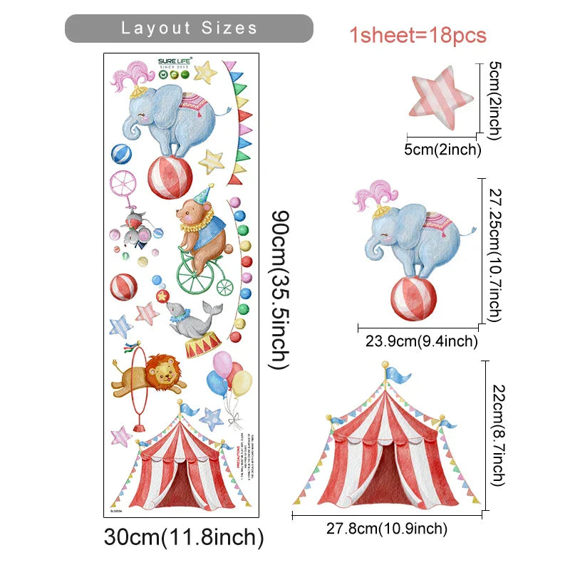 Watercolor Circus Elephant Mouse Rabbit Wall Stickers Kids Nursery Decor (Online Order Only)