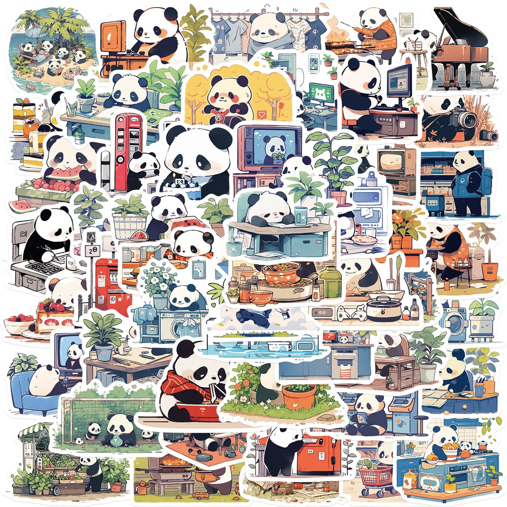 50pcs Diary Life Panda Cartoon Graffiti Stickers Decorative Guitar Phone Stationery Vinyl Animal Sticker Kawaii Kid Toy ﻿ (ONLINE ORDER ONLY)