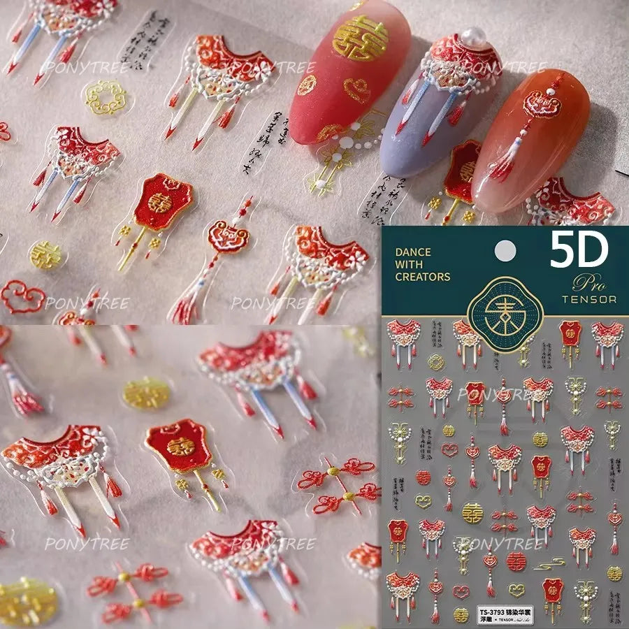 Embroidery Yunjin Brocade Tassels Bowknot Butterfly Flower Rose Camellia Adhesive Nail Art Stickers Rhinestone Manicure Decals (Online Order Only)