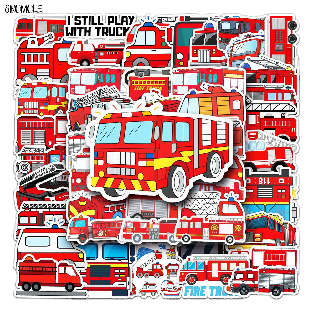 Cartoon Fire Engine Stickers: Skateboard, Laptop, Motorcycle, Phone, Car Decals, Kid DIY Toy (ONLINE ORDER ONLY)