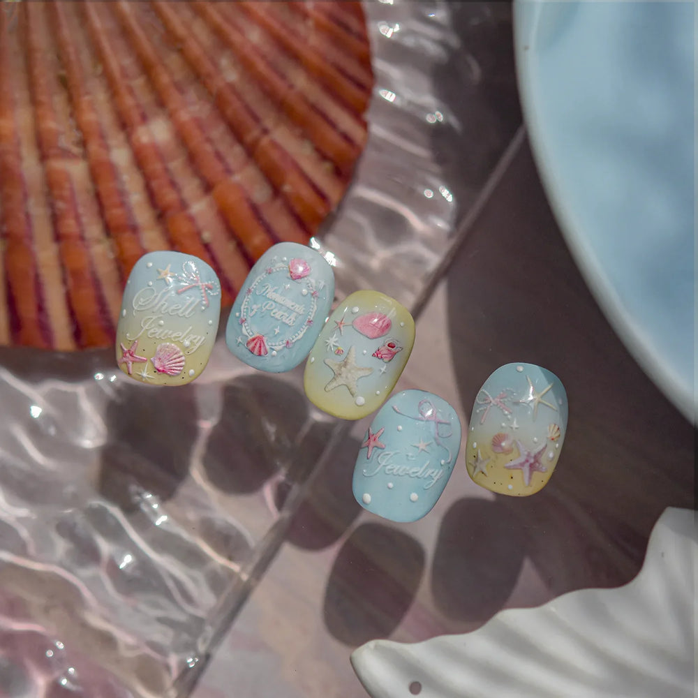 Pink Star Oceanic Shell Starfish Conch Bowknot Embossment Shiny Delicate 5D Chic Self Adhesive Nail Art Stickers Manicure Decals (Online Order Only)