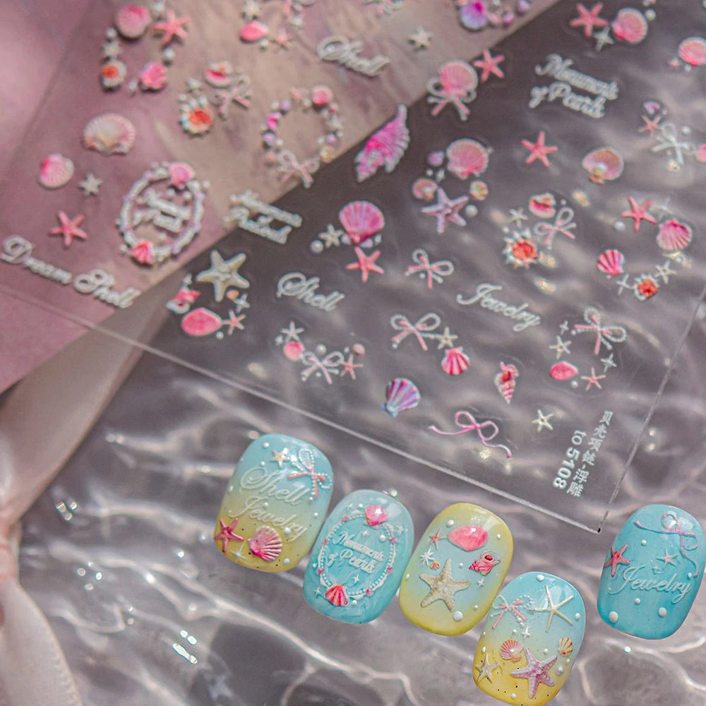 Pink Shell Necklace Starfish Swarm Star Conch Bowknot Dreamy Marine Relief Adhesive Nail Art Decoration Stickers Manicure Decals (ONLINE ORDER ONLY)