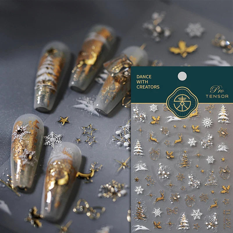 Winter Dreamy Hot Stamping Romantic White Pink Snowflakes Hexagon 3D Self Adhesive Nail Art Stickers Christmas Manicure Decals (ONLINE ORDER ONLY)