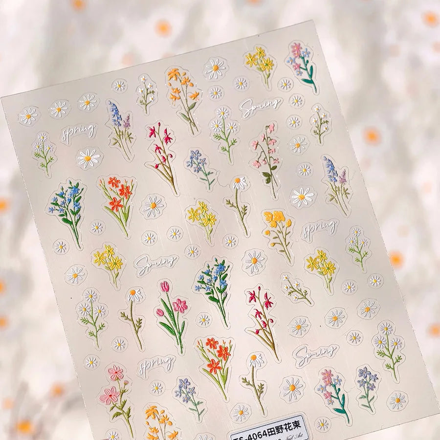 Field Bouquet Canola Flowers Daisy Tulip Garden Lavender Spring Embossed Reliefs Self Adhesive Nail Art Stickers Manicure Decals (ONLINE ORDER ONLY)