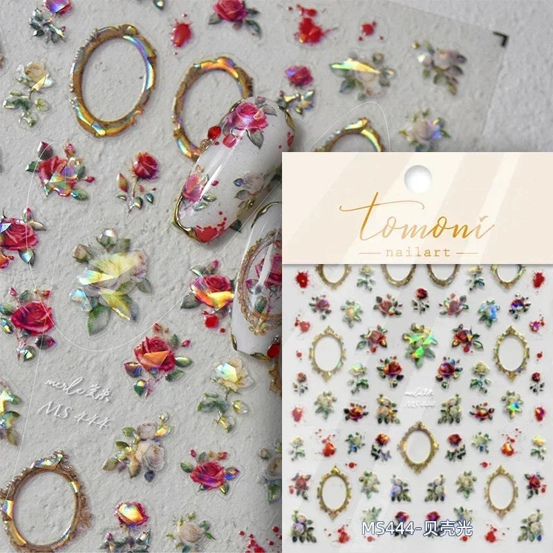 Chic Retro Rose Photo Frame Dried Flower Petal Self Adhesive Nail Art Stickers 5D Hot Stamping Relief Rhinestone Manicure Decals (Online Order Only)
