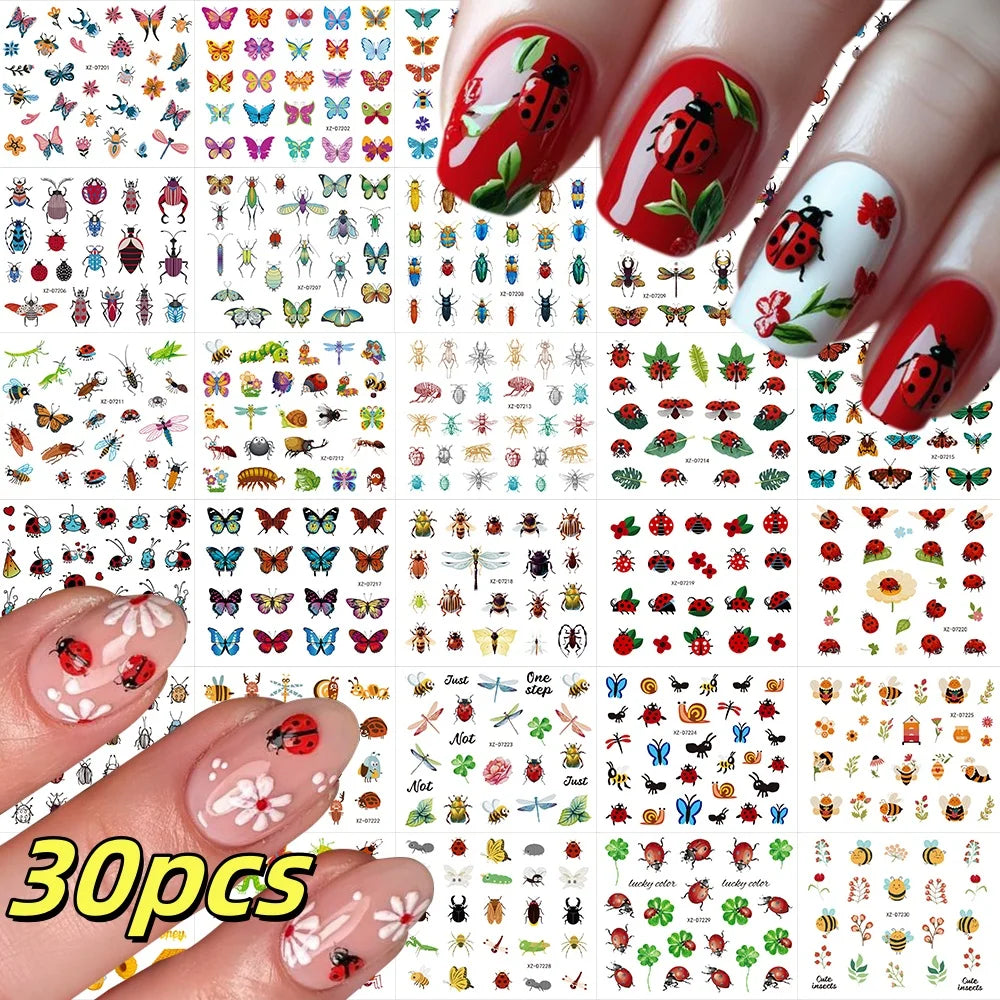 30pcs/Set Y2K 3D Cute Insect Nail Stickers Chic Dragonfly Spider Insect Butterfly Design Sliders Ladybug Beetle Manicure Decals* (Online Order Only)