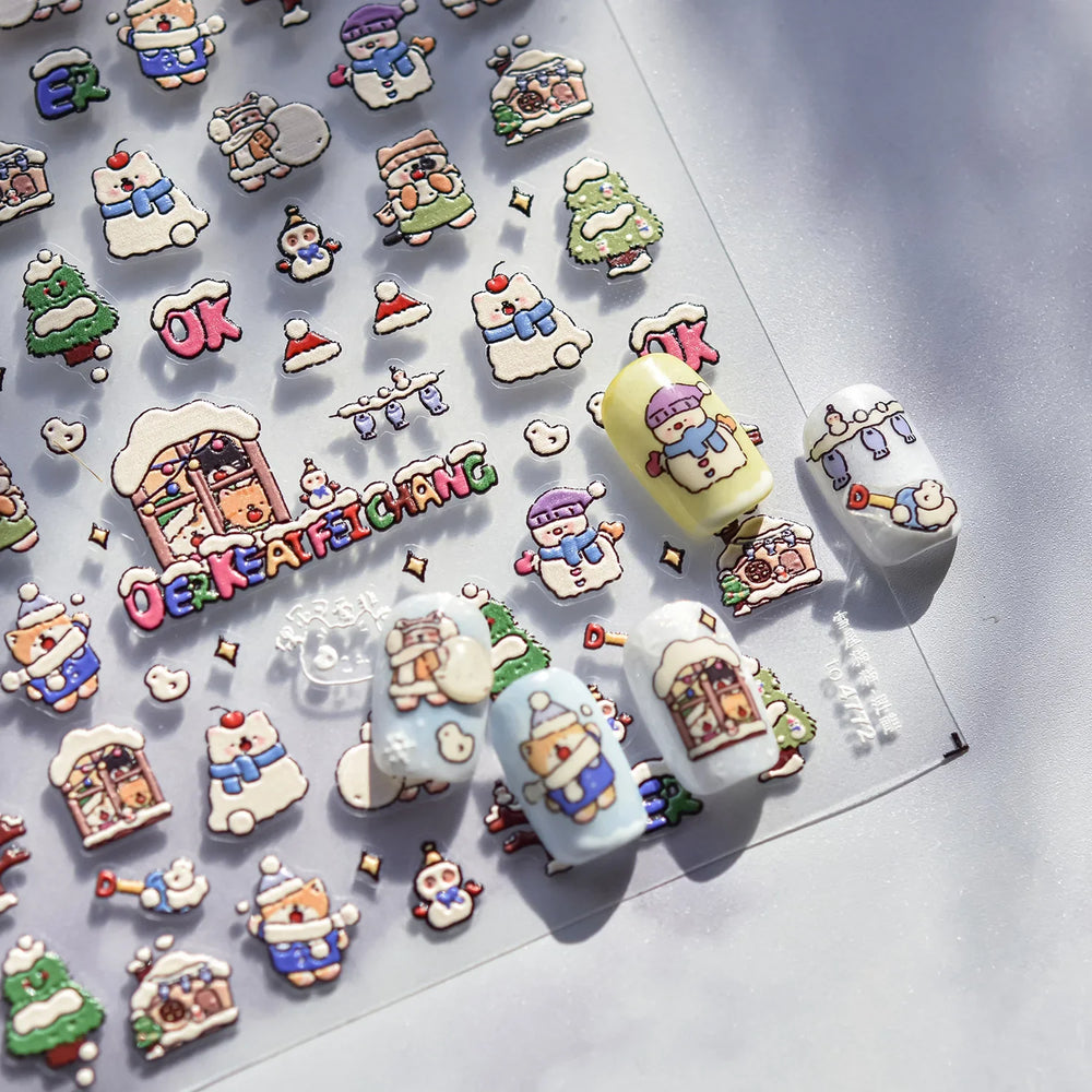 Cat House Snow Tree Window Fish Star Shiny Snowman Duck 5D Self Adhesive Nail Art Stickers Hat Apple Rhinestone Manicure Decals (ONLINE ORDER ONLY)