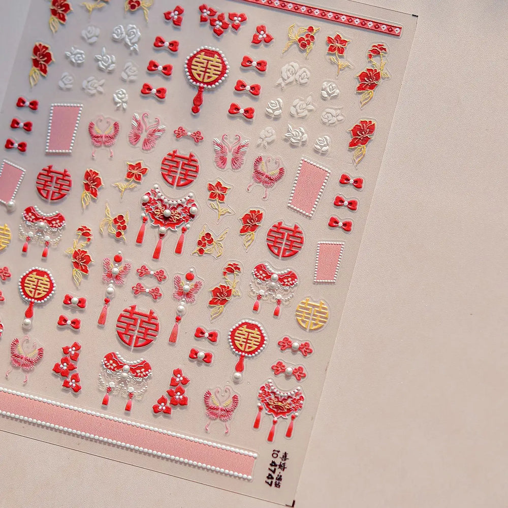Embroidery Yunjin Brocade Tassels Bowknot Butterfly Flower Rose Camellia Adhesive Nail Art Stickers Rhinestone Manicure Decals (Online Order Only)