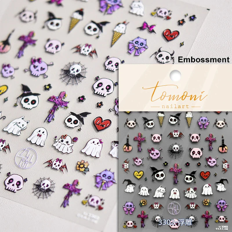 Halloween Ghost Pumpkin Bat Coffin Cat Spider Demon Jelly Self Adhesive Nail Art Sticker Terrifying Candy Candle Manicure Decals (ONLINE ORDER ONLY)