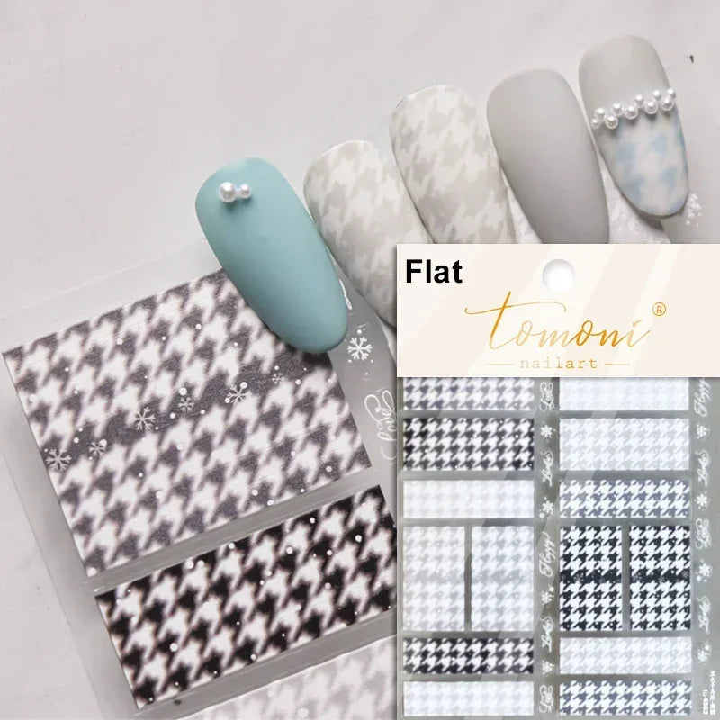 French Style Colorful Square Grid Rhombus Stripe Bowknot Line 3D Self Adhesive Nail Art Stickers Shiny Rhinestone Manicure Decal (Online Order Only)