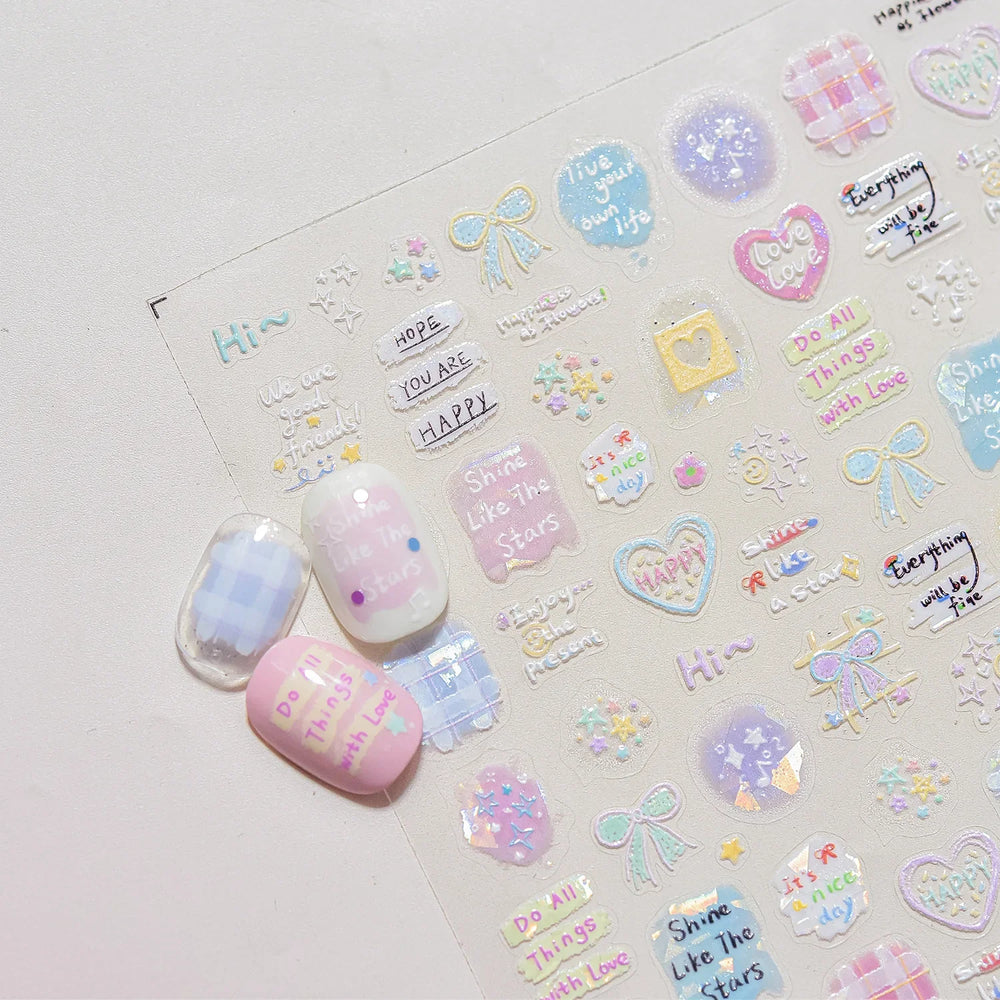 Dyeing Apple Cherry Fruit Dog Puppy Bowknot Colorful Cartoon Graffiti Reliefs Adhesive Nail Art Stickers Flowers Manicure Decals (ONLINE ORDER ONLY)