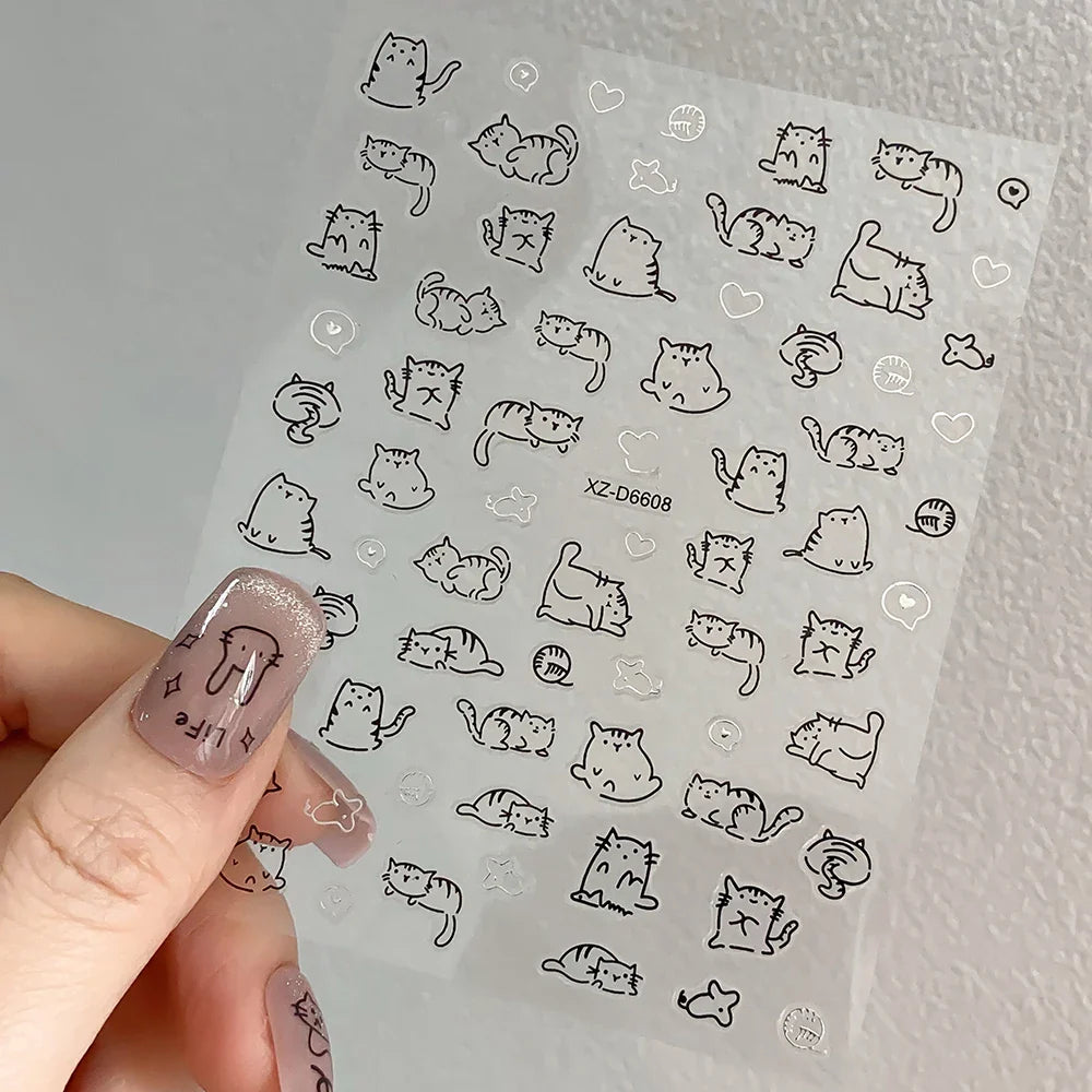 1Pc 3D Cute Black Silver Smile Dog Decals Y2K Cartoon Cat Footprint Nail Stickers Graffiti Star Heart DIY Manicure Slider Decor* (ONLINE ORDER ONLY)