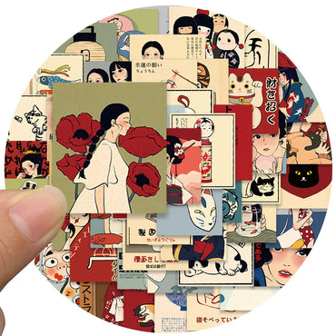 50pcs Aesthetic Japanese Culture Stickers Retro Cartoon Water Bottle Stickers Laptop Luggage Notebook Waterproof Vinyl Decals (Online Order Only)