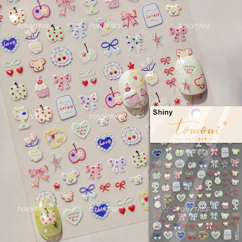 Bear Bowknot Bag Dessert Apple Core Earphone Cup Tulip Cherry Milk Cake Cookies Flower Adhesive Nail Art Stickers Manicure Decal (ONLINE ORDER ONLY)