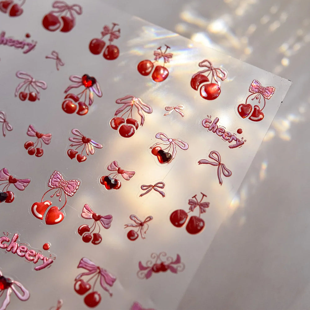 Lovely Red Heart Crystal Cherry Fruit Bowknot Letter Gold Pink Self Adhesive Nail Art Sticker Delicate Rhinestone Manicure Decal (ONLINE ORDER ONLY)