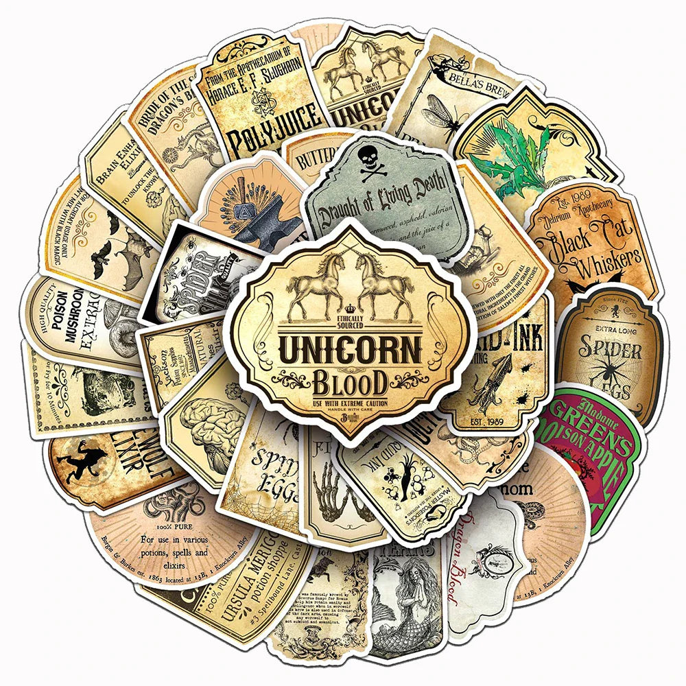 10/30/50pcs Cool Halloween Retro Horror Potion Label Stickers Decal Guitar Motorcycle Laptop Skateboard Phone Waterproof Sticker (ONLINE ORDER ONLY)