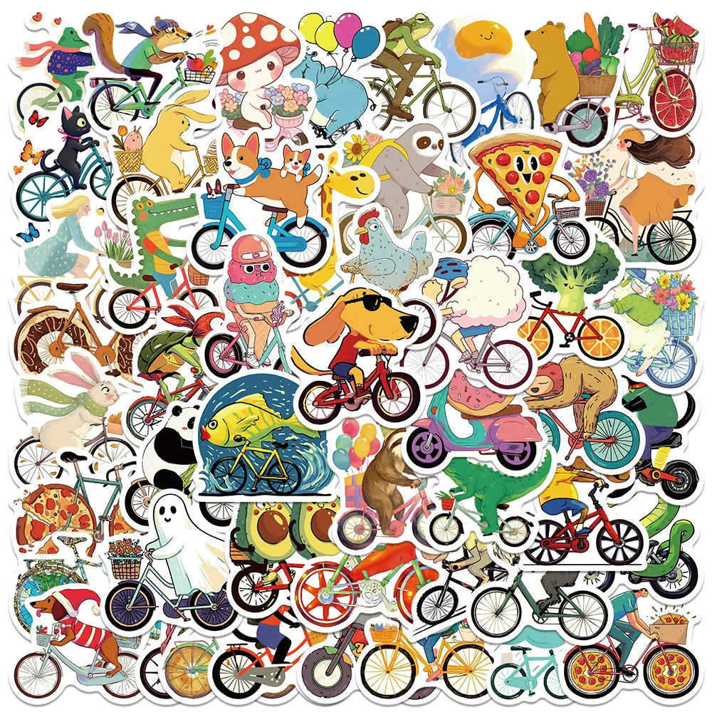 50pcs Cute Cartoon Biking Food Animals Stickers Laptop Water Bottle Decals Luggage Notebook Phone Waterproof Vinyl Stickers (ONLINE ORDER ONLY)
