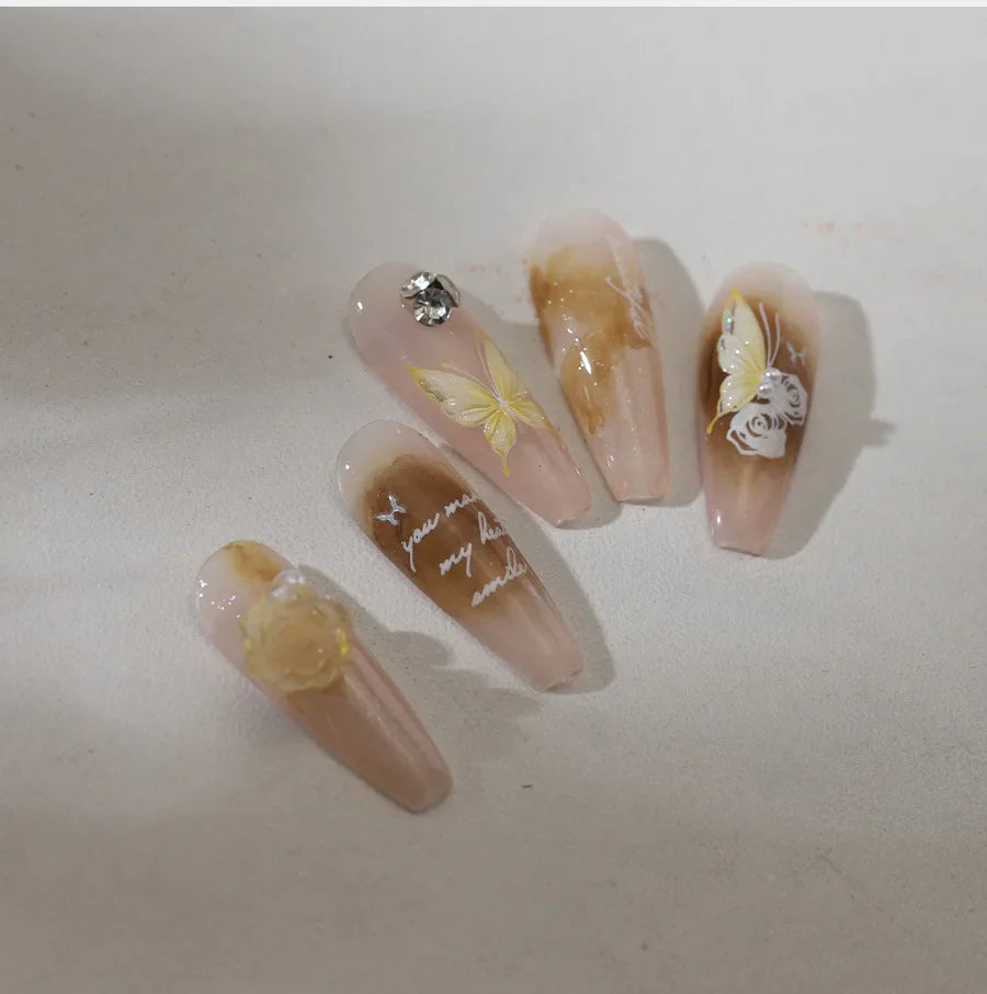 Yellow Butterfly Rose Flower Lace Gradual Wing Charming Romantic Jelly Camellia Self Adhesive Nail Art Stickers Manicure Decals (Online Order Only)