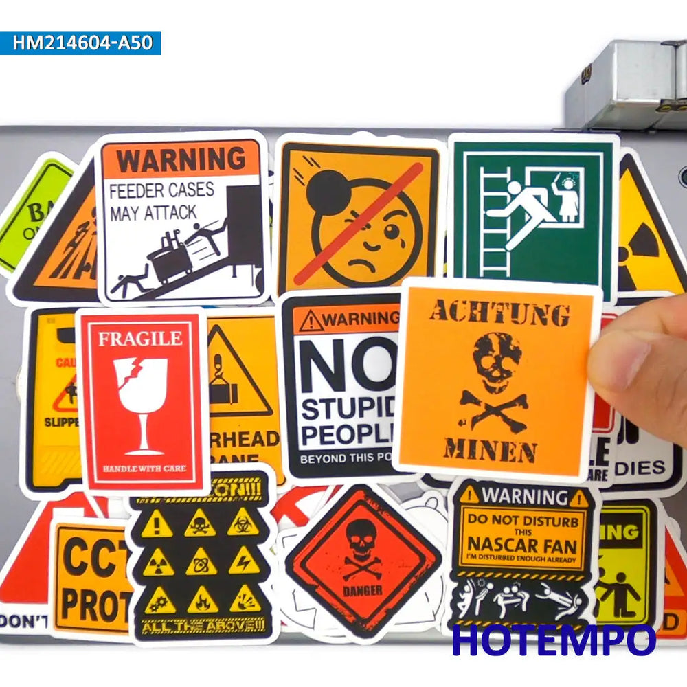 50Pieces Stop Danger Warning Slogans Spoof Risk Tip Funny Signs Waterproof Stickers for Laptop Phone Motorcycle Car Bike Sticker (ONLINE ORDER ONLY)