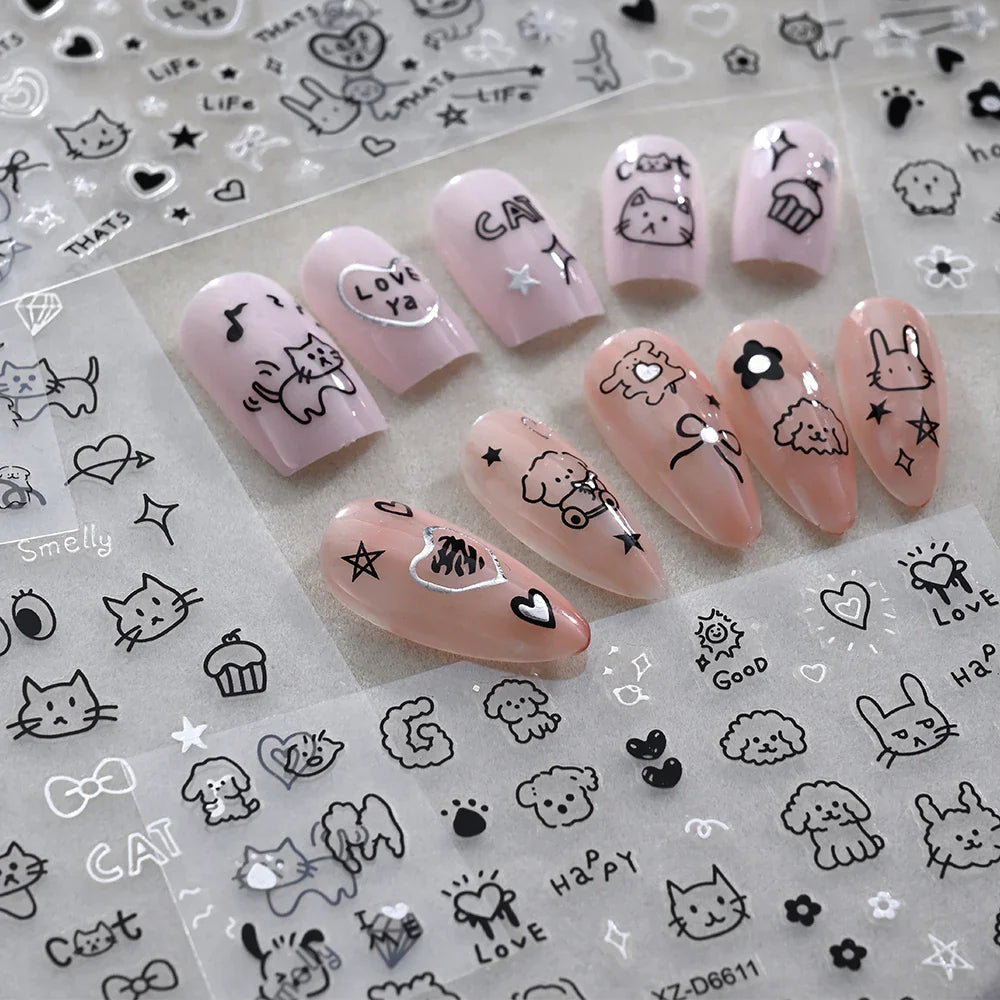 1Pc 3D Cute Black Silver Smile Dog Decals Y2K Cartoon Cat Footprint Nail Stickers Graffiti Star Heart DIY Manicure Slider Decor* (ONLINE ORDER ONLY)