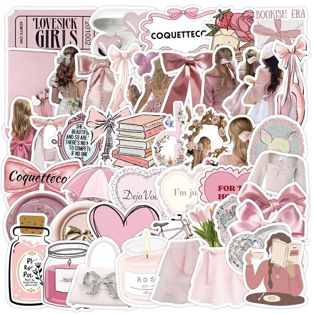 Cute Pink Coquette Girl Cartoon Stickers - Aesthetic Decals for Laptop, Phone, Suitcase, Fridge (10/30/50/100pcs) (Online Order Only)