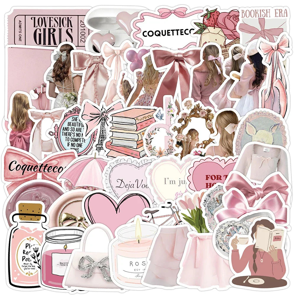 Cute Pink Coquette Girl Cartoon Stickers - Aesthetic Decals for Laptop, Phone, Suitcase, Fridge (10/30/50/100pcs) (Online Order Only)