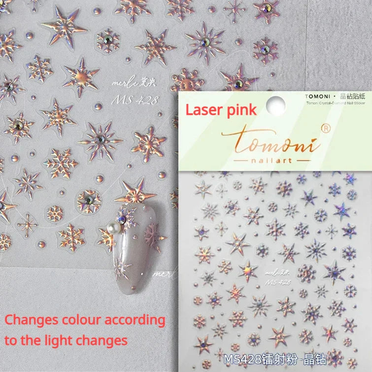 Hot Stamping Romantic White Gold Snowflakes Hexagon Winter 3D Self Adhesive Nail Art Stickers Shiny Rhinestone Manicure Decals (Online Order Only)