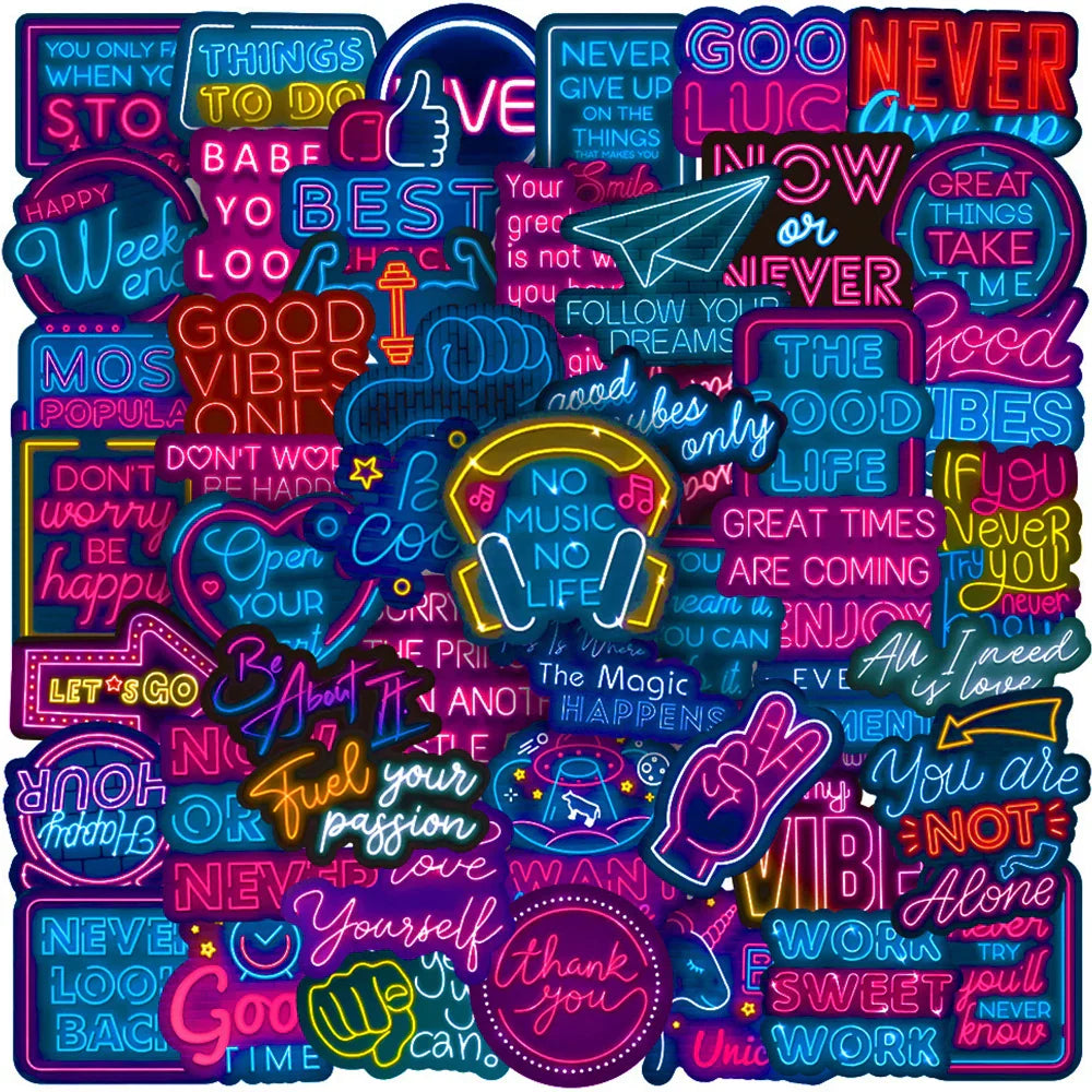 Cartoon Neon Motivation Stickers - 10/30/50pcs for Laptop, Phone, Fridge, Scrapbook (Online Order Only)