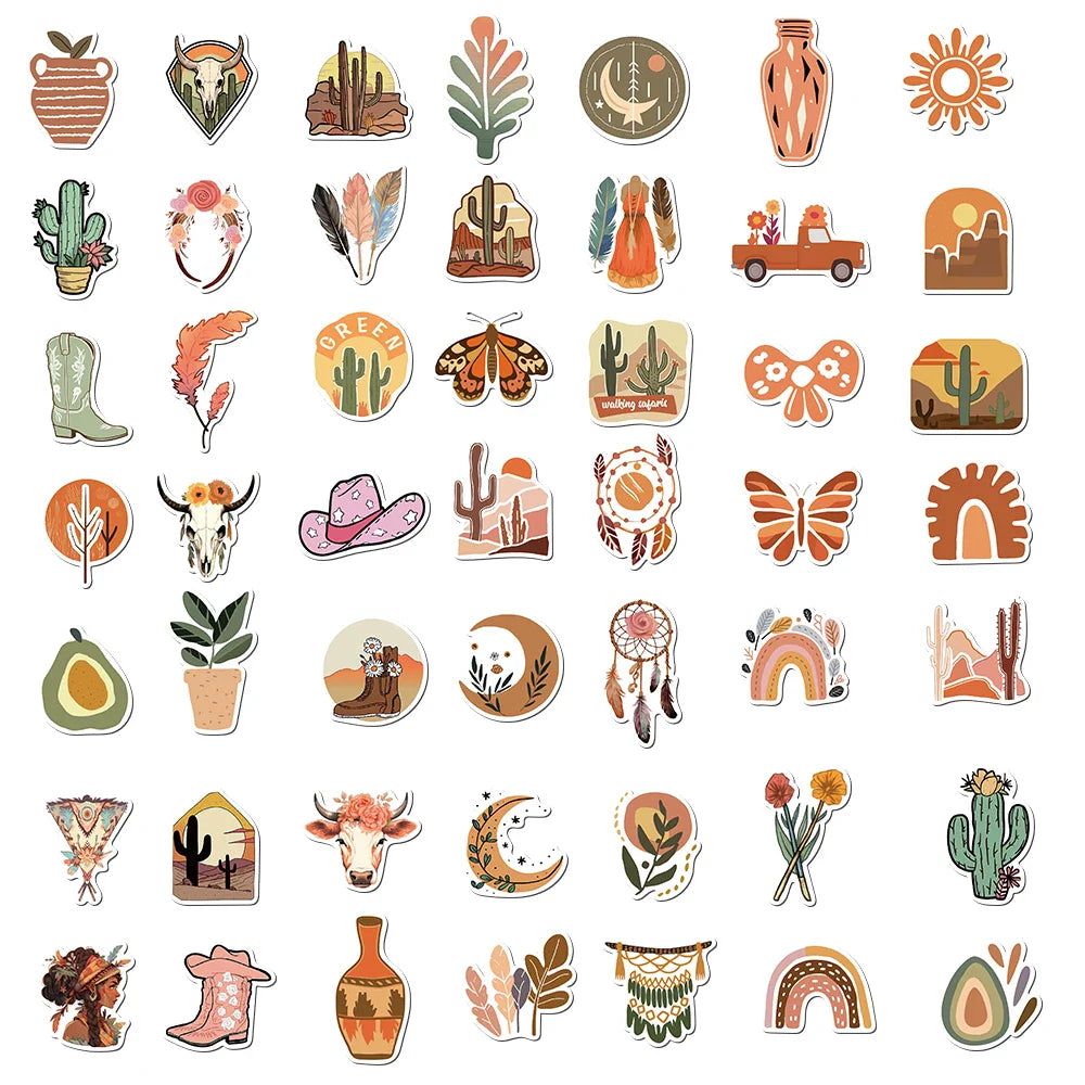 50pcs Retro Boho Stickers For Laptop Luggage Stationery Scrapbook Travel Diary Sticker Vinyl Waterproof Graffiti Decals (ONLINE ORDER ONLY)
