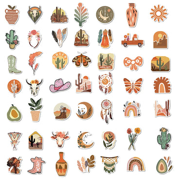 50pcs Retro Boho Stickers For Laptop Luggage Stationery Scrapbook Travel Diary Sticker Vinyl Waterproof Graffiti Decals (ONLINE ORDER ONLY)