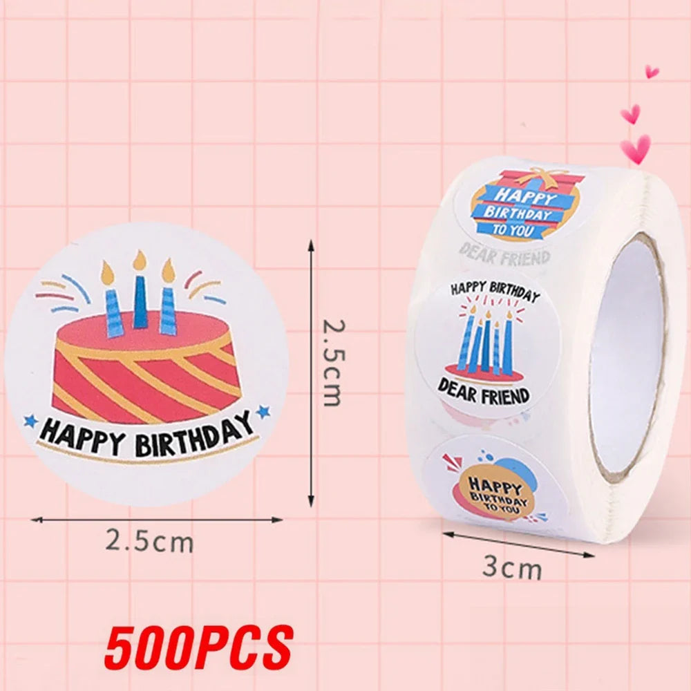 100-500pcs Happy Birthday Cake Party Sticker Creative Cartoon Decorative Holiday Gift Sticker Envelope Sealing Sticker (ONLINE ORDER ONLY)