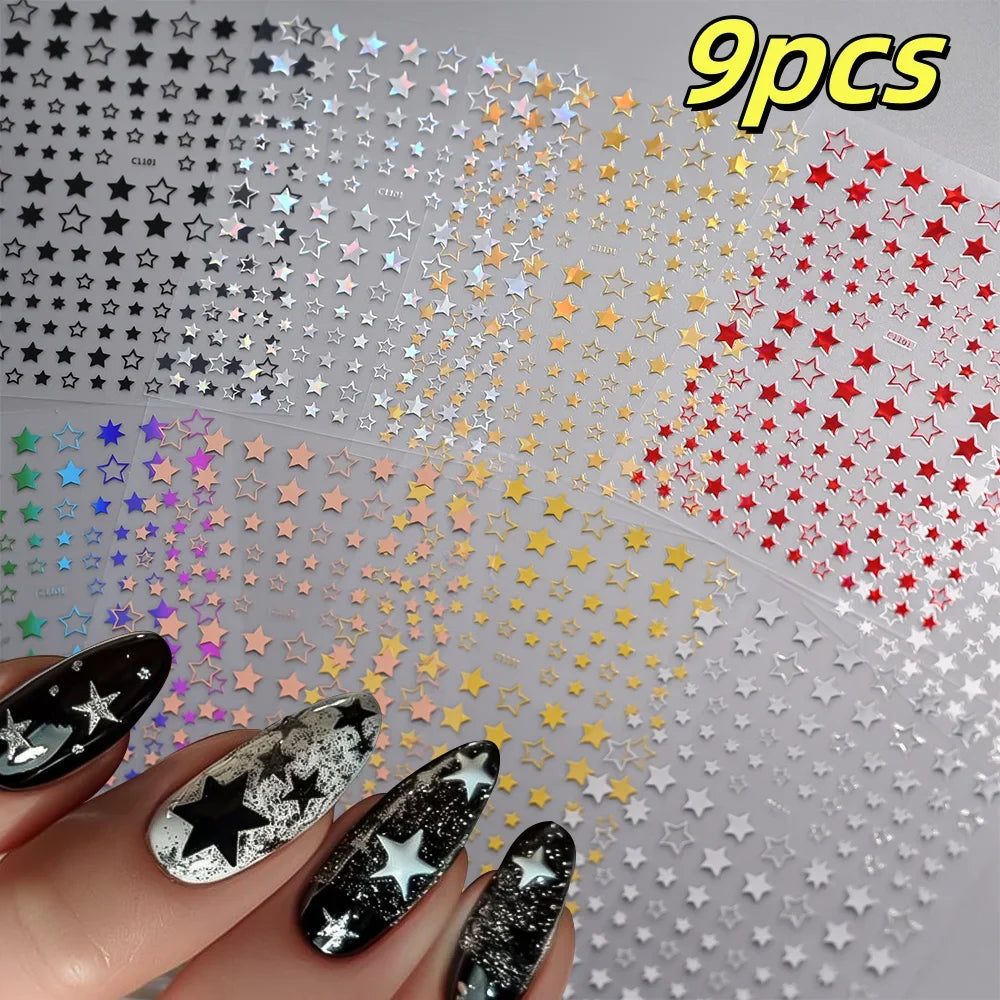 9Pcs 3D Sliver Stars Nails Stickers Bronzing Star Nail Art Decals For DIY Nail Art Decoration Self Adhesive Nail Manicure Parts* (Online Order Only)