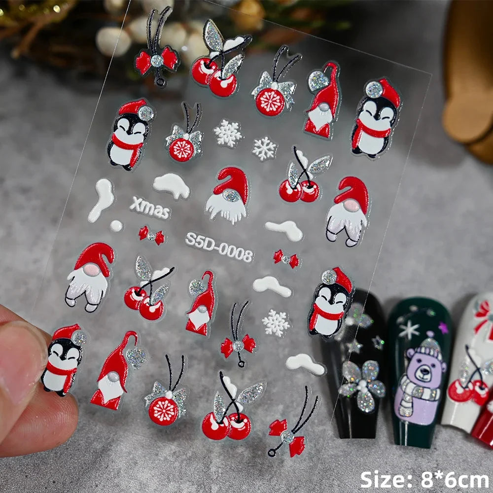 Cute Deer Christmas Nail Stickers 5D Embossed Elk Star Gingerbread Man Snowflake Santa Claus Holly DIY Winter Engraved Manicure* (ONLINE ORDER ONLY)