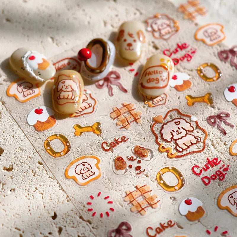 Lovely Dog Bone Bowknot Bread Graffiti Cake Cherry 3D Line Paw Adhesive Nail Art Stickers Cute Cartoon Manicure Decals Wholesale (ONLINE ORDER ONLY)