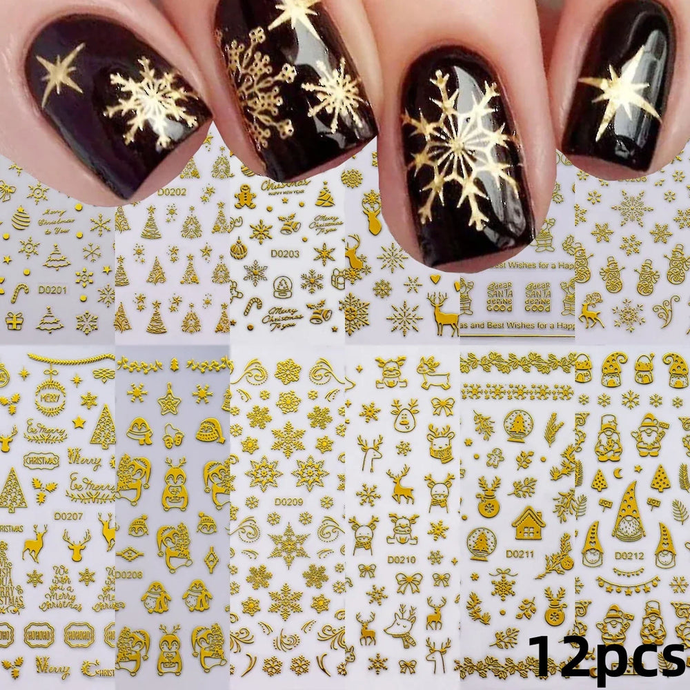 30Sheet 3D Glitter Christmas Nail Art Stickers Santa Claus Snowflake Elk Christmas Tree Design Nail Decals Cartoon Nail Supplies (Online Order Only)