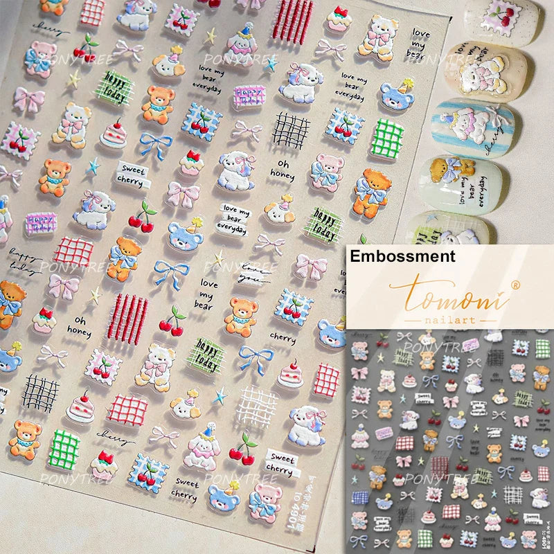 Cute Animals Bear Dog Cake Sweet Cherry Grid Bowknot Star Line Fruit Relief Self Adhesive Nail Art Stickers 3D Manicure Decals (ONLINE ORDER ONLY)