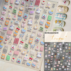 Cute Animals Bear Dog Cake Sweet Cherry Grid Bowknot Star Line Fruit Relief Self Adhesive Nail Art Stickers 3D Manicure Decals (ONLINE ORDER ONLY)
