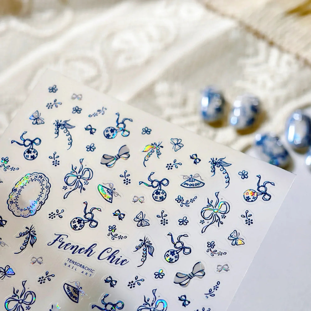 French Chic Blue Line Bowknot Fan Flower Leaves Butterfly Lace Frame Bell Shiny Self Adhesive Nail Art Stickers Manicure Decals (ONLINE ORDER ONLY)