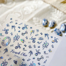 French Chic Blue Line Bowknot Fan Flower Leaves Butterfly Lace Frame Bell Shiny Self Adhesive Nail Art Stickers Manicure Decals (ONLINE ORDER ONLY)