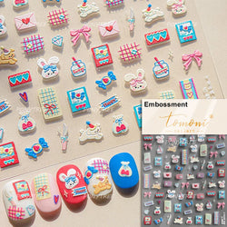 Cute Animals Bear Dog Cake Sweet Cherry Grid Bowknot Star Line Fruit Relief Self Adhesive Nail Art Stickers 3D Manicure Decals (ONLINE ORDER ONLY)