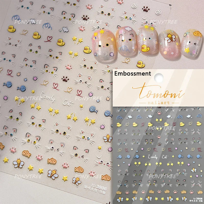 Cute Graffiti Cartoon Line Cherry Bear Cat Flower Bouquet Fish Boys Girls Strawberry Reliefs Nail Art Stickers Manicure Decals (ONLINE ORDER ONLY)